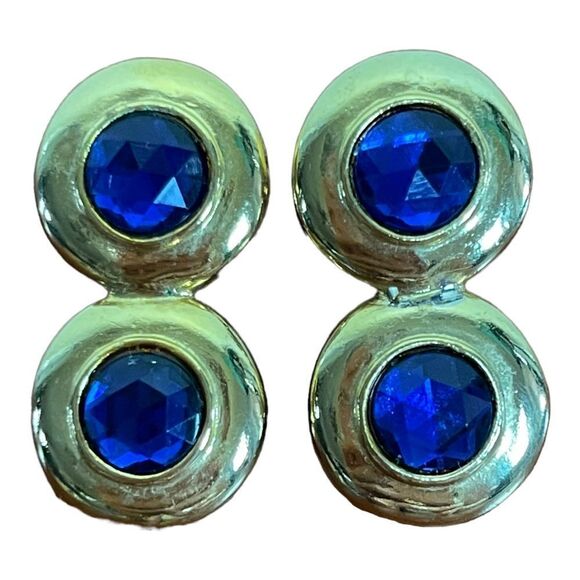 Vintage 80s 90s Gold Tone Blue Drop Post Pierced Earrings - Picture 2 of 5